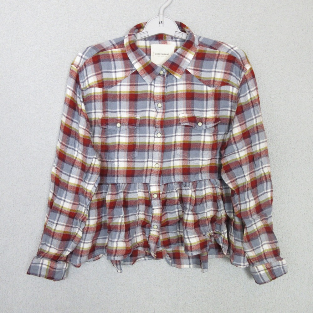 Lucky Brand Womens Red Blue Plaid Western Peplum Snap Button Shirt Medium